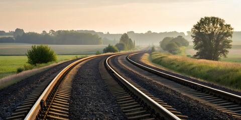 Obraz premium Curved diverging railroad tracks in perspective view symbolizing journey transport travel and routes