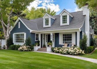 a blue house with white trim, a shingled roof, and landscaping in front of it