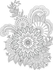 Mandala flower coloring page detailed outline art for relaxing creative expression white background