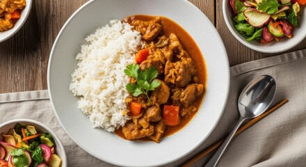 Savory Chicken Curry with Fluffy Rice and Fresh Salad Sides