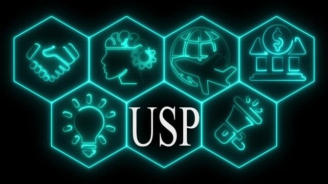 Unique selling proposition usp concept illustrated by neon hexagon icons on black