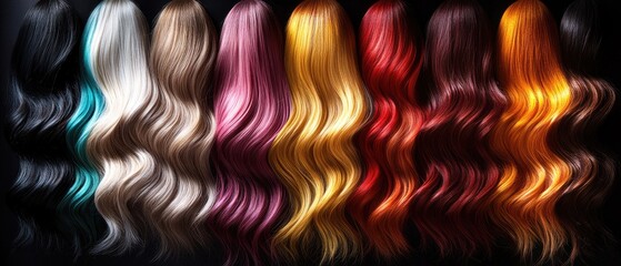 Vibrant Spectrum: Wavy Hair in Bold Colors on Black Backdrop, Salon Style