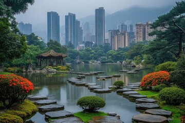 A tranquil garden with stepping stones reflects a modern cityscape in the water. Use to illustrate the beauty of nature meeting urban life harmoniously.