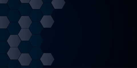 Abstract Hexagonal Pattern Background Design for Technology. A modern, dark background filled with overlapping translucent hexagons in varying shades of gray and blue. Vector for business and banner. 