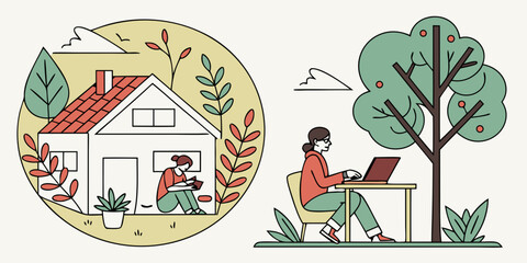 Minimalist flat vector illustration of women working remotely outdoors and relaxing at home modern style.