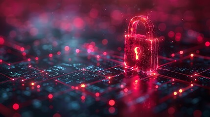 Cybersecurity is key with this digital lock protecting data on glowing futuristic circuit board
