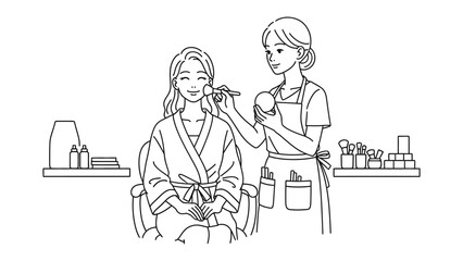 A skilled makeup artist carefully applies cosmetics to a young woman wearing a robe in a well lit beauty salon