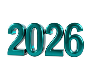 3d rendering of the year 2026 in shiny teal isolated on transparent background