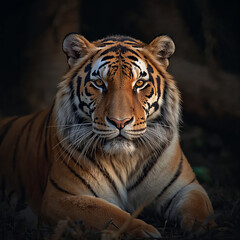 Fototapeta premium Magnificent Tiger Resting in Woodland Setting, Warmly Lit Portrait with Calm and Inquisitive Expression, Serene Portrait of a Tiger in Forest Habitat, Resting Gracefully with Direct Gaze and Warm Ligh