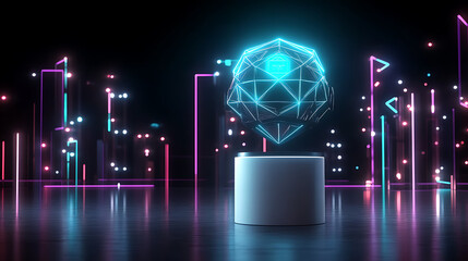 Futuristic Geometric Sphere Displayed on Pedestal with Neon Lights and Reflective Floor