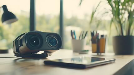 Virtual Reality Headset and Tablet on a Desk Near a Window