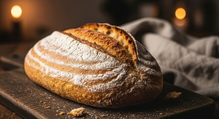 Artisan Sourdough Bread Freshly Baked on Wooden Board