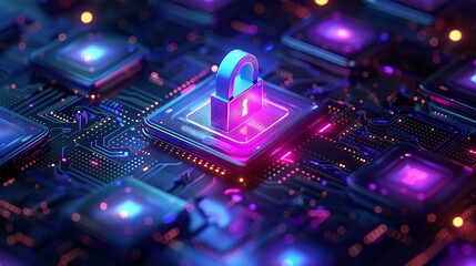 Cybersecurity is key with this digital lock protecting data on glowing futuristic circuit board