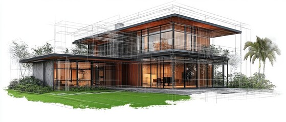 Fototapeta premium Modern Home Architectural Sketch with Glass Walls and Lush Green Lawn