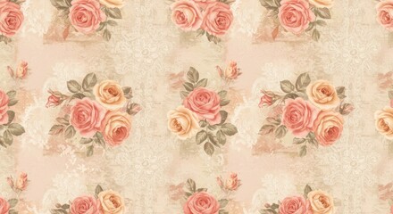 A Seamless Pattern of Peach and Ivory Roses with Delicate Lace Accents