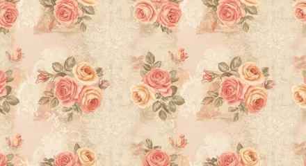 Acrylglasbilder Muster A Seamless Pattern of Peach and Ivory Roses with Delicate Lace Accents  © mas