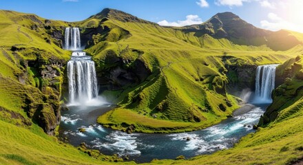 Majestic Cascading Waterfalls Amidst Lush Green Volcanic Hills