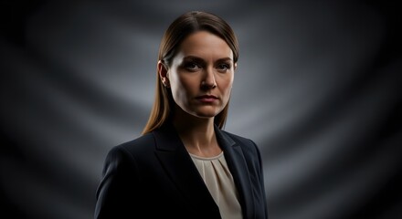 Obraz premium Confident businesswoman in a dark suit, serious expression, corporate portrait against a moody background. Ideal for business, finance, leadership, and corporate success concepts.