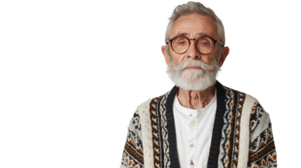 Thoughtful and experienced senior man with gray beard and stylish cardigan