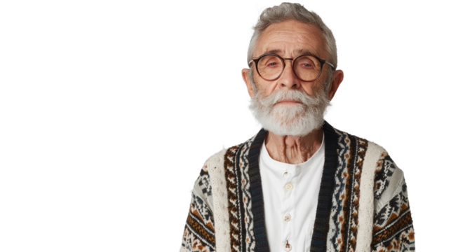 Thoughtful and experienced senior man with gray beard and stylish cardigan