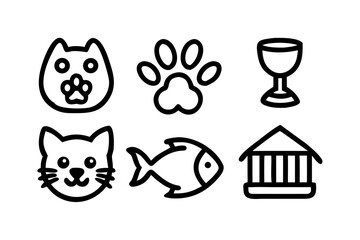 Pet icons, cat face, paw, fish, and house