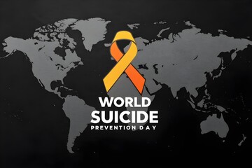World suicide prevention day awareness with a glowing orange and yellow ribbon superimposed on a world map, symbolizing global support and hope