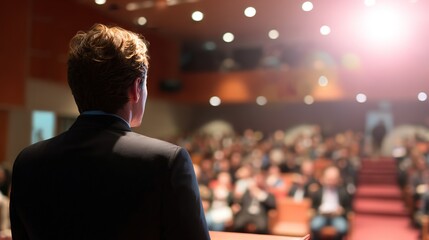 Business speaker presenting on stage, conveying leadership and vision with dynamic presence