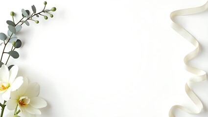 Elegant white orchid flowers and delicate ribbon on a clean white background