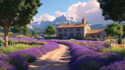 Charming French countryside home nestled amongst lavender fields, mountains in the background