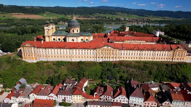 Melk Abbey  one of the biggest and most beautiful European Baroque moasteries. Baroqque architecture in Wachau valley in Danube river. UNESCO World Heritage Site .aerial  drone footage