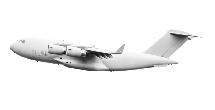 Military Transport Aircraft with Four Jet Engines in Flight, Side View, White Color Scheme, Ideal for Infographics, Posters, Educational Materials, and Promotional Content, Isolated on a Transparent B