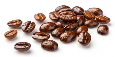 Glossy coffee beans scattered on white background in fresh roasted organic aromatic design