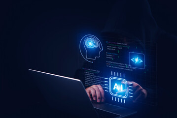 Hacker using laptop with AI and coding interface, illustrating artificial intelligence, cybersecurity risk, deep learning, and technology concept of data protection and online security threats.