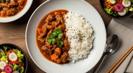 Hearty Beef Curry with Fluffy White Rice and Fresh Side Salads