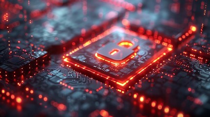 Futuristic digital padlock glows red on circuit board, symbolizing cybersecurity and data protection