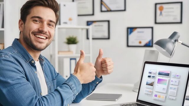 Accomplished programmer proudly presenting completed project with confident smile and thumbs up gesture showing successful career transformation achievement