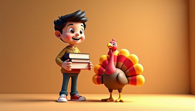 cute 3D Thanksgiving school student character with books and Thanksgiving  turkey, orange background, space for text. For Thanksgiving promotion aimed at schoolchildren, as well as education