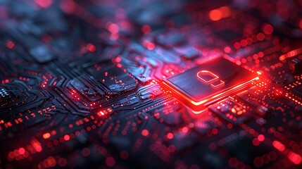 Futuristic digital padlock glows red on circuit board, symbolizing cybersecurity and data protection