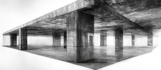 Architectural Sketch of Concrete Building Interior with Large Pillars and Textured Surfaces