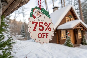 Santa tag with 75 percent off hangs on snowy Christmas cabin