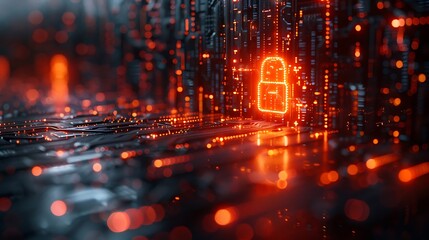 Futuristic digital padlock glows red on circuit board, symbolizing cybersecurity and data protection