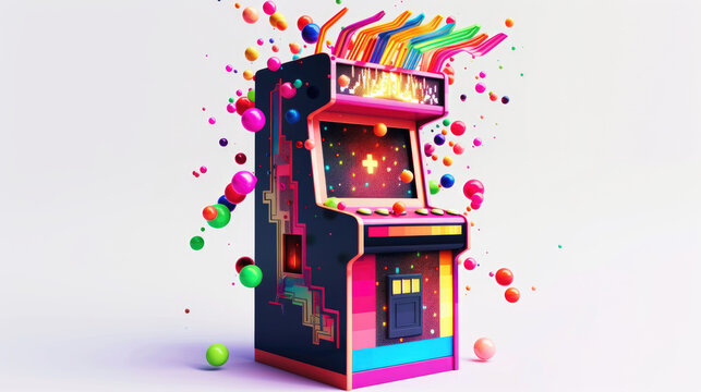 Classic arcade game machine bursting with colorful pixelated effects, neon colors, and a retro gaming theme