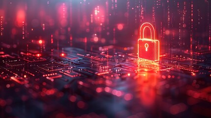 Secure digital network with glowing red padlock and data streams symbolizing cybersecurity