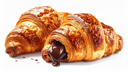 Golden baked chocolate croissant with flaky layers filled with melted chocolate sweet dessert pastry food isolated on white background
