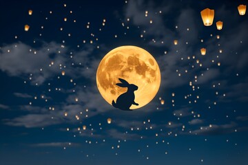 ​A breathtaking scene of the moon, revealing the mythical rabbit silhouette, shining brightly over the floating lanterns of the Lantern Festival.