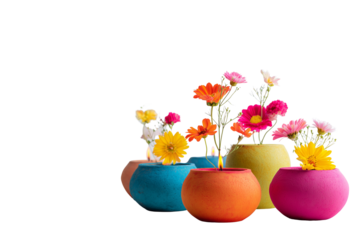 Bright and cheerful arrangement of colorful earthenware vases with fresh flowers creating a vibrant display of nature's beauty transparent background