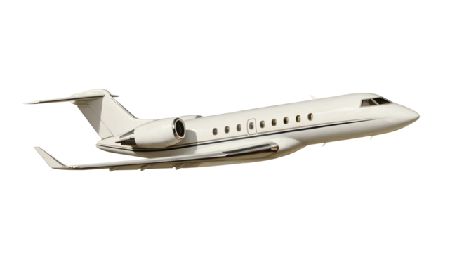 Stylish White Private Jet with Dual Jet Engines, Flying from a Side View, Great for Infographics, Posters, Education, and Promotional Content. Isolated on a Transparent Background