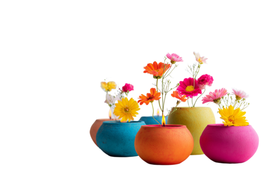 Bright and cheerful arrangement of colorful earthenware vases with fresh flowers creating a vibrant display of nature's beauty transparent background
