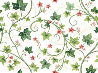 Green ivy vines with coral flowers and swirling tendrils leaves