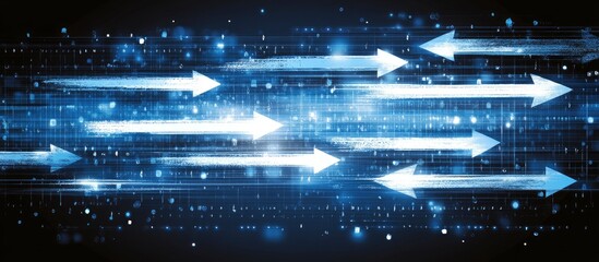 Abstract Digital Momentum: Streaking White Arrows on a Blue Glitch Matrix